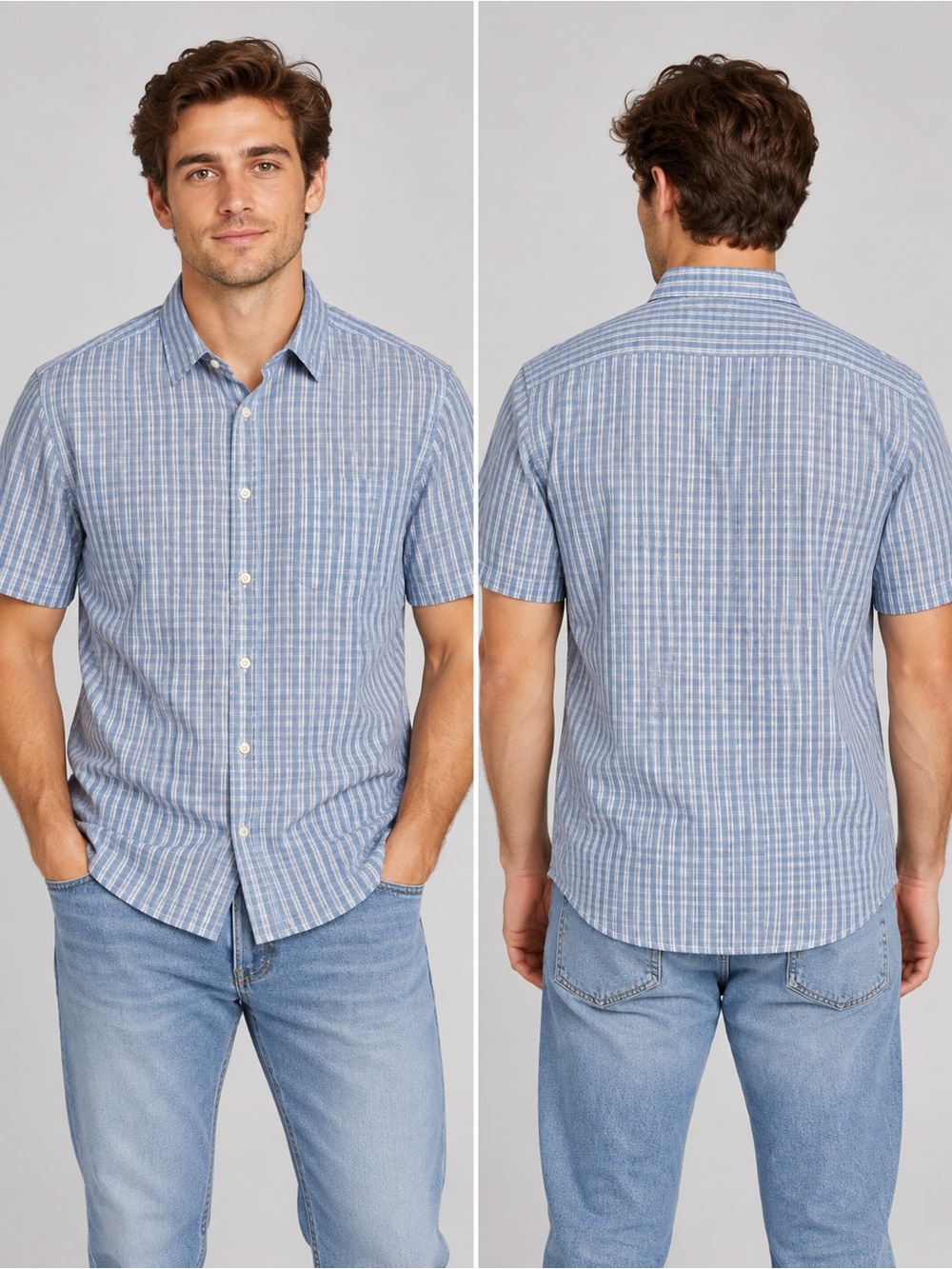 Goodfellow & Co Blue and White Checked Short-Sleeve Button-Down Shirt